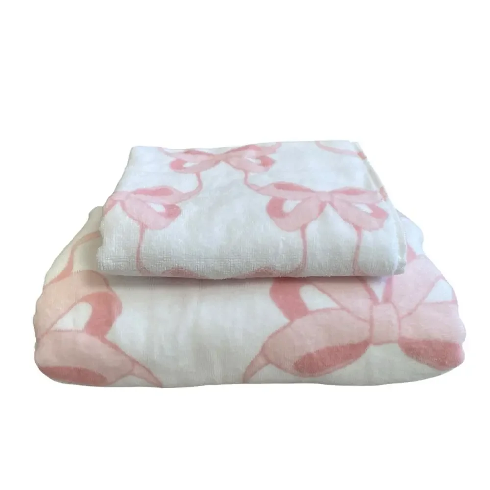 Kassafina Coquette Pink Bow Hand & Bath Towel 4PC Set 100% Cotton White NEW